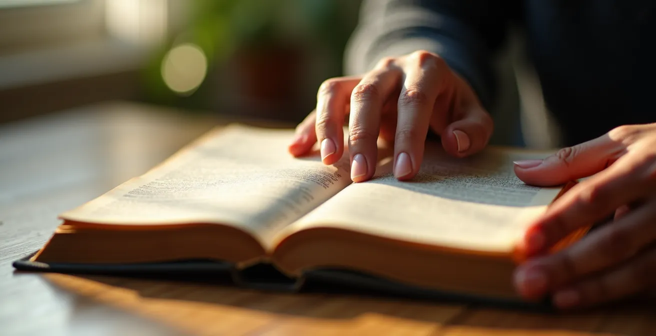 Gros plan sur des mains tenant délicatement un livre ancien avec texture du papier visible