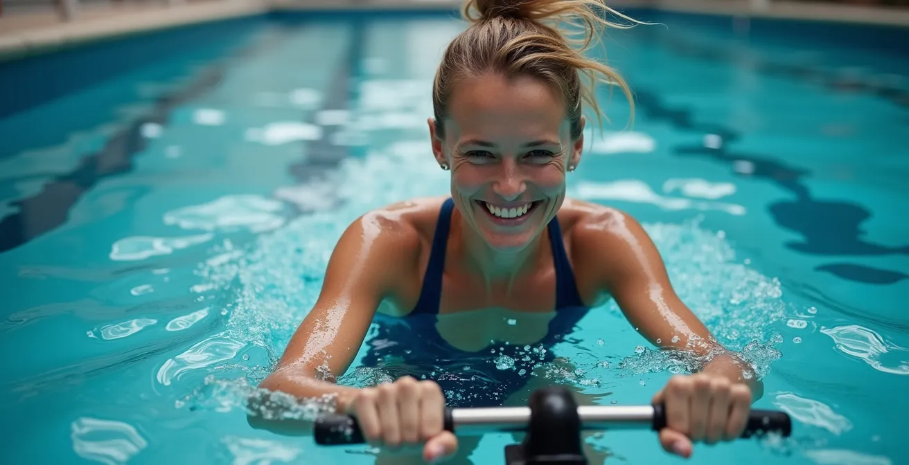 Personne pratiquant l'aquabiking en piscine, activité sans impact sur les articulations