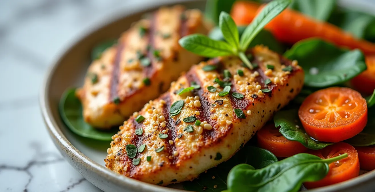 Assiette colorée avec des aliments pauvres en FODMAPs comme du quinoa, du poulet grillé et des carottes rôties.