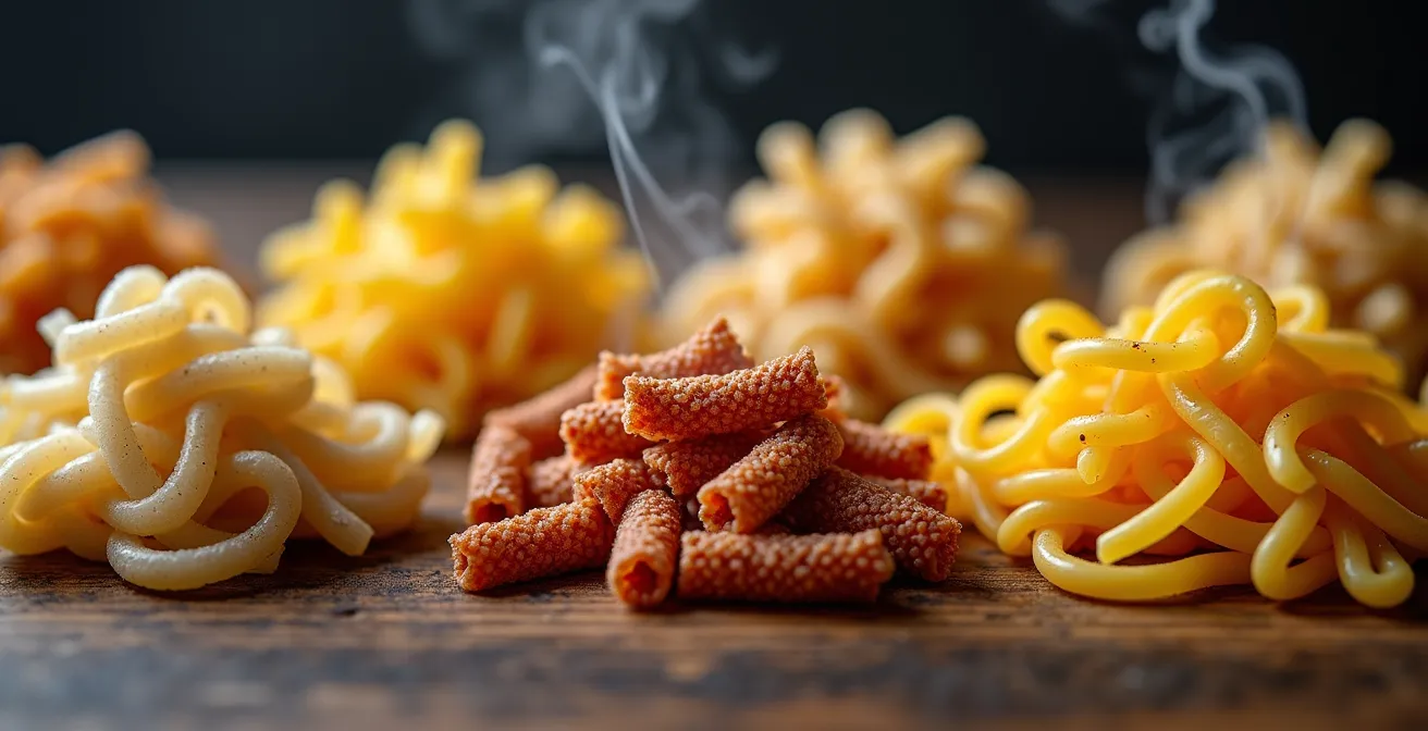 Gros plan sur différentes variétés de pâtes à index glycémique bas avec textures variées