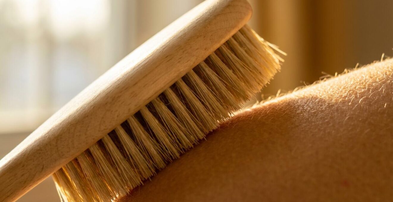 Gros plan sur une brosse en fibres naturelles effleurant délicatement une peau dorée par la lumière du matin