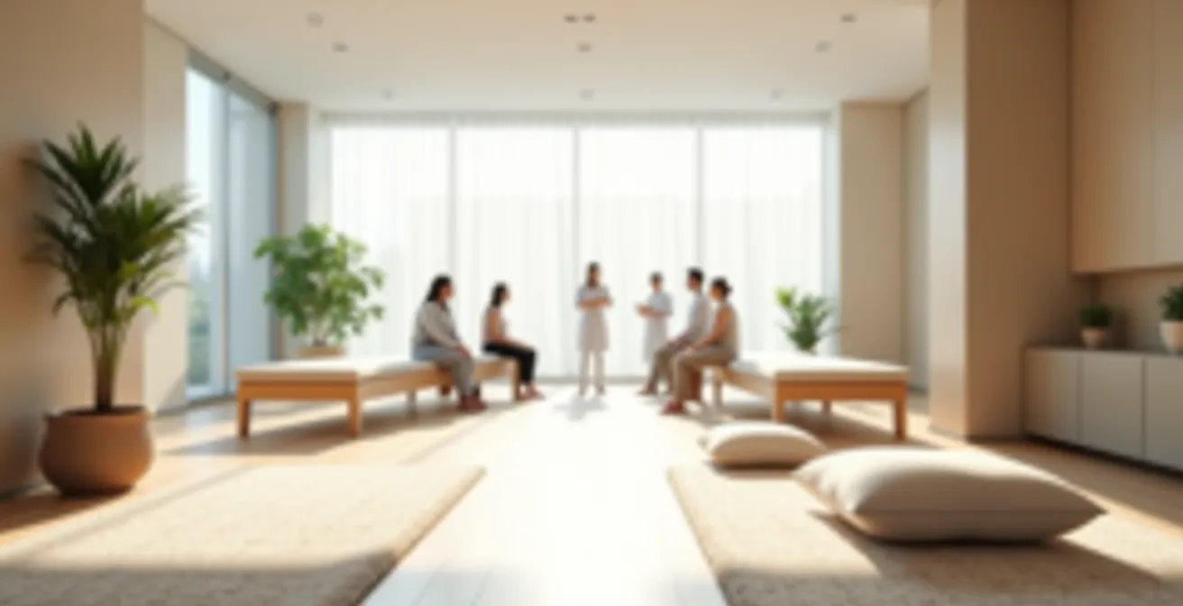 Environnement thérapeutique moderne d'un centre de soins intégratifs avec espaces dédiés au bien-être