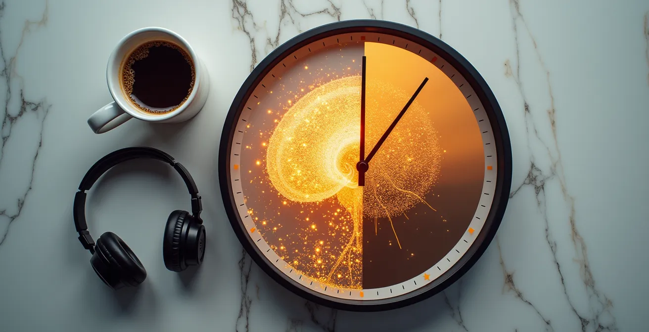Composition artistique montrant une horloge décomposée avec différentes activités d'apprentissage représentées à chaque moment de la journée
