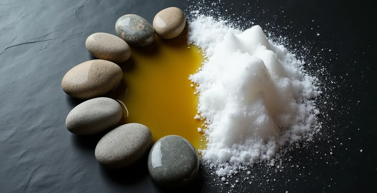 Métaphore visuelle comparant l'énergie stable des cétones à l'énergie fluctuante du glucose