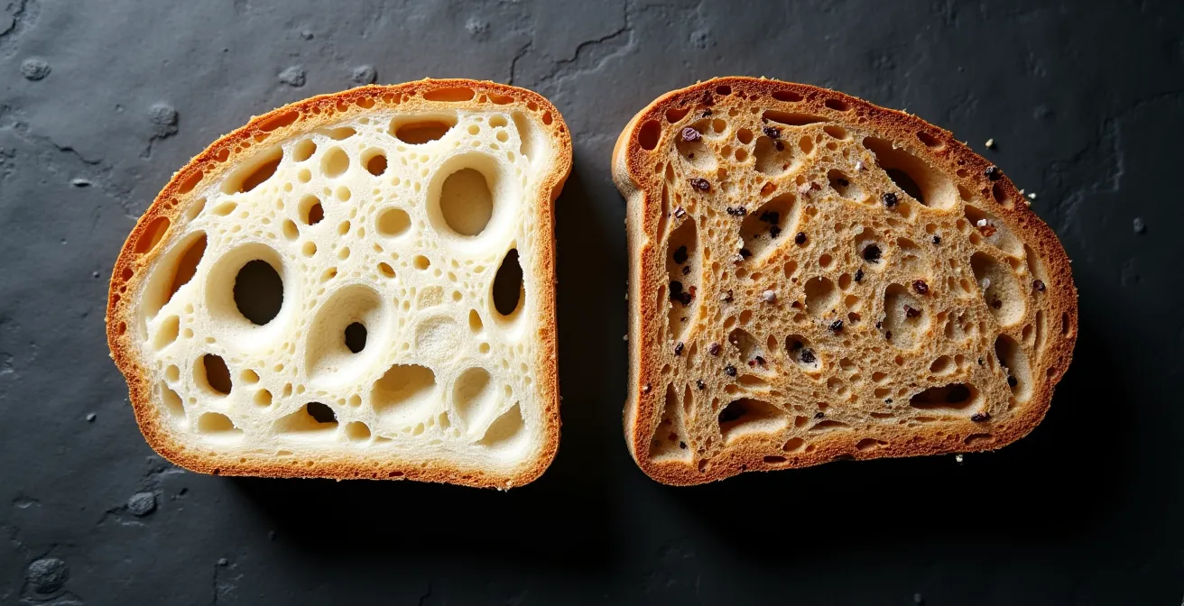 Coupe transversale de pain blanc et pain complet montrant la différence de densité et texture
