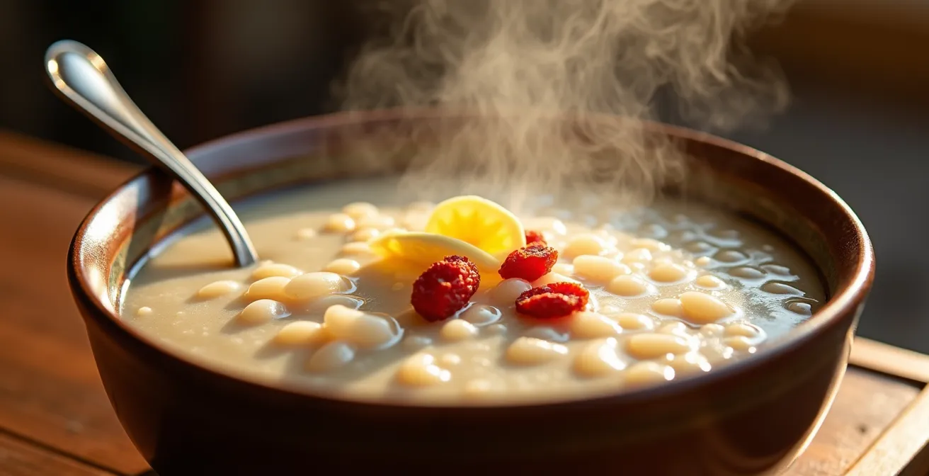 Bol de congee fumant avec ingrédients médicinaux dans une ambiance apaisante
