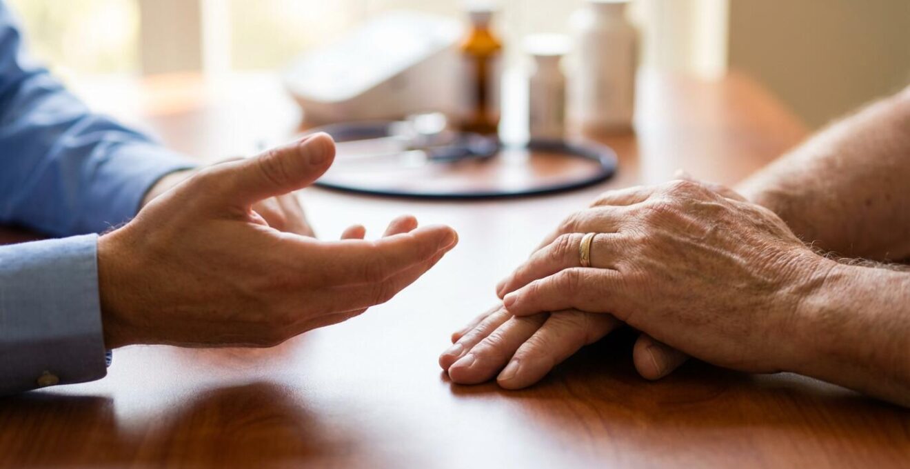 Mains de médecin et patient lors d'une consultation, gestes de communication