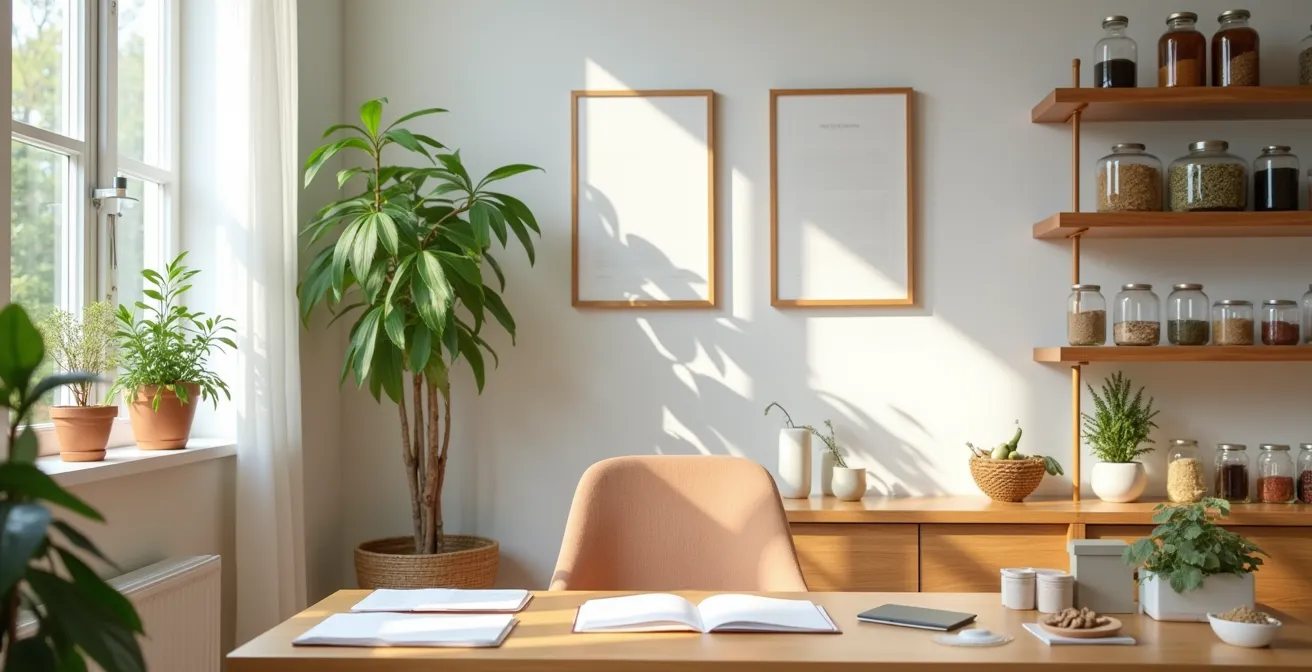 Cabinet de naturopathie professionnel avec diplômes encadrés et plantes médicinales organisées