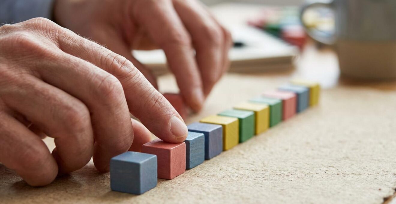 Vue macro de mains organisant des blocs de temps colorés sur un planning
