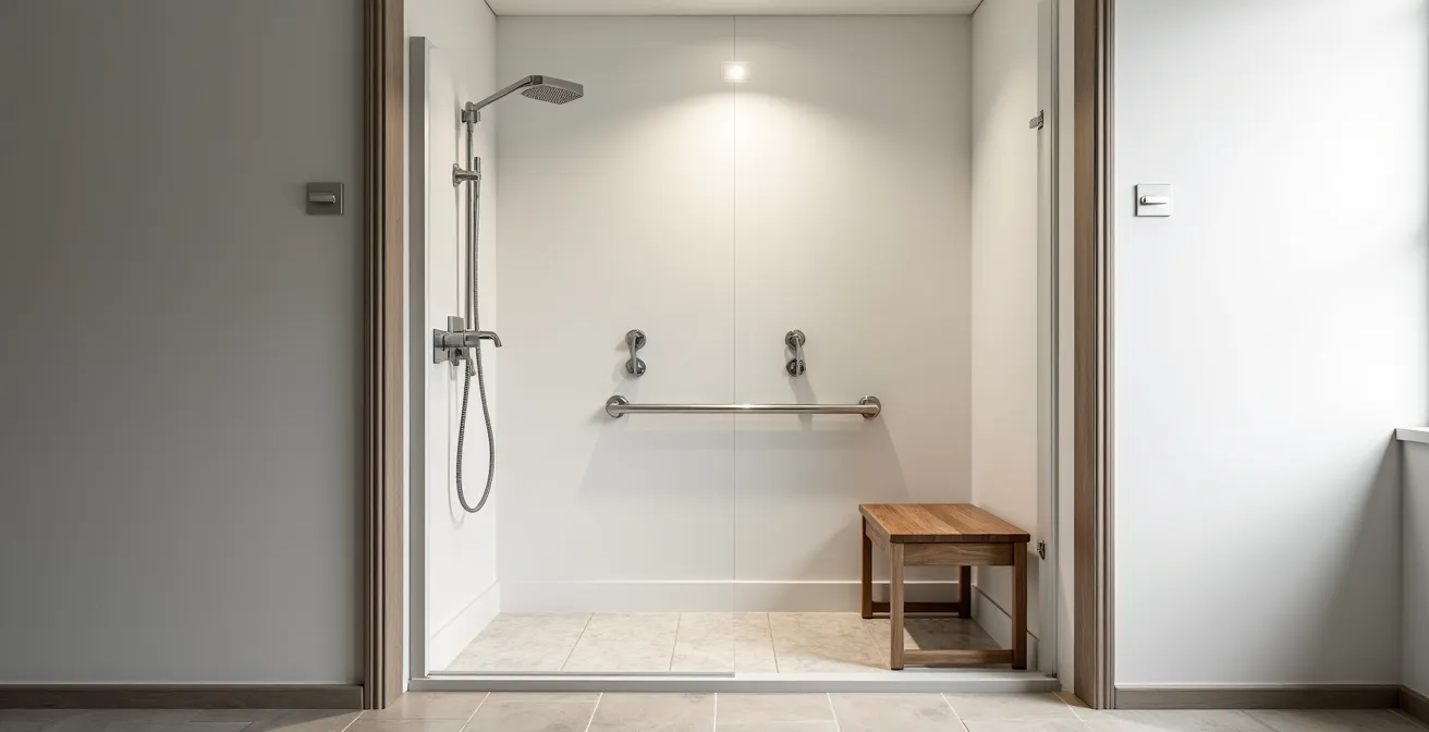 Douche de plain-pied spacieuse avec siège rabattable et barres d'appui pour personne âgée