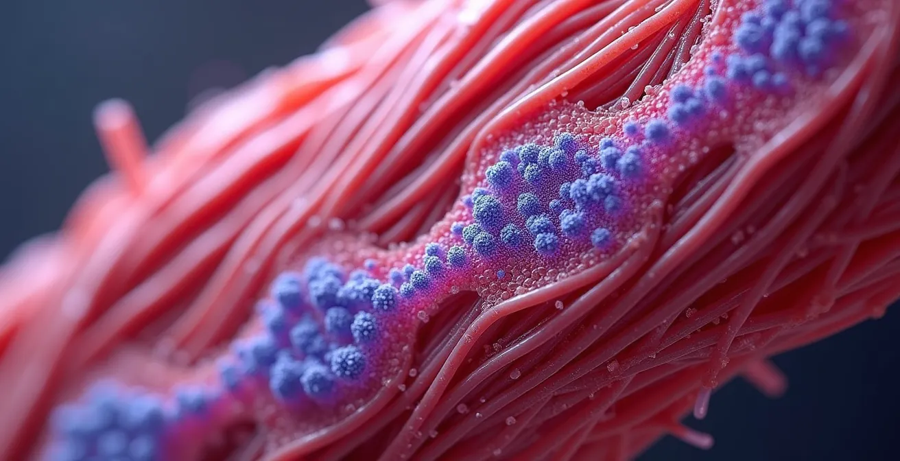 Vue macro détaillée de fibres musculaires avec représentation artistique de mitochondries