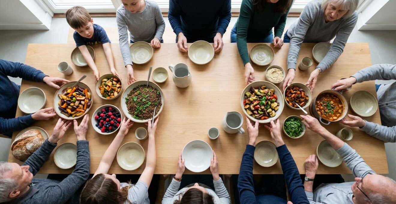 Table vue du dessus avec des mains diverses partageant des plats colorés dans une ambiance chaleureuse