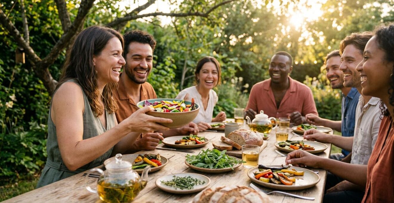 Femme souriante partageant un repas sain et coloré avec des amis dans un jardin ensoleillé