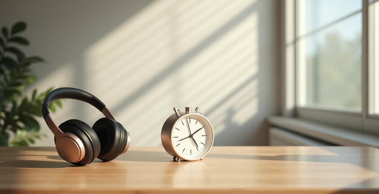 Bureau minimaliste avec casque antibruit et minuteur, symbolisant le deep work
