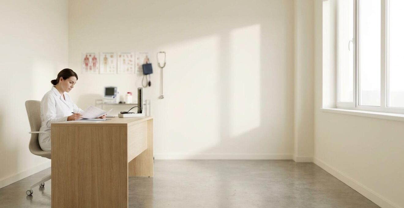 Professionnel de santé consultant un dossier médical avec équipements de diagnostic en arrière-plan flou