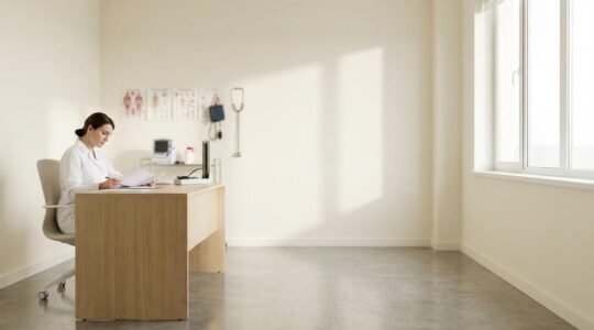 Professionnel de santé consultant un dossier médical avec équipements de diagnostic en arrière-plan flou