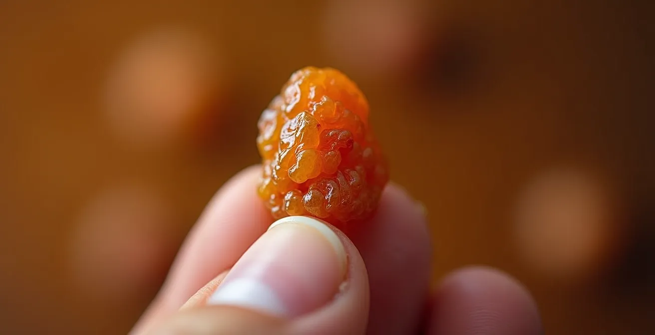 Main tenant délicatement un raisin sec entre le pouce et l'index, lumière naturelle révélant les textures et reliefs du fruit séché