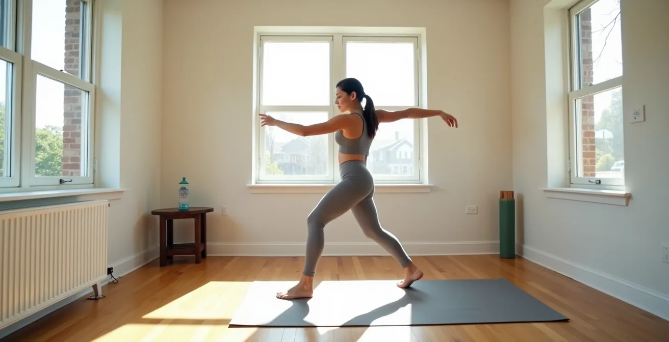 Vue large d'une personne pratiquant des mouvements de boxe imaginaire dans un salon lumineux, bras en mouvement fluide