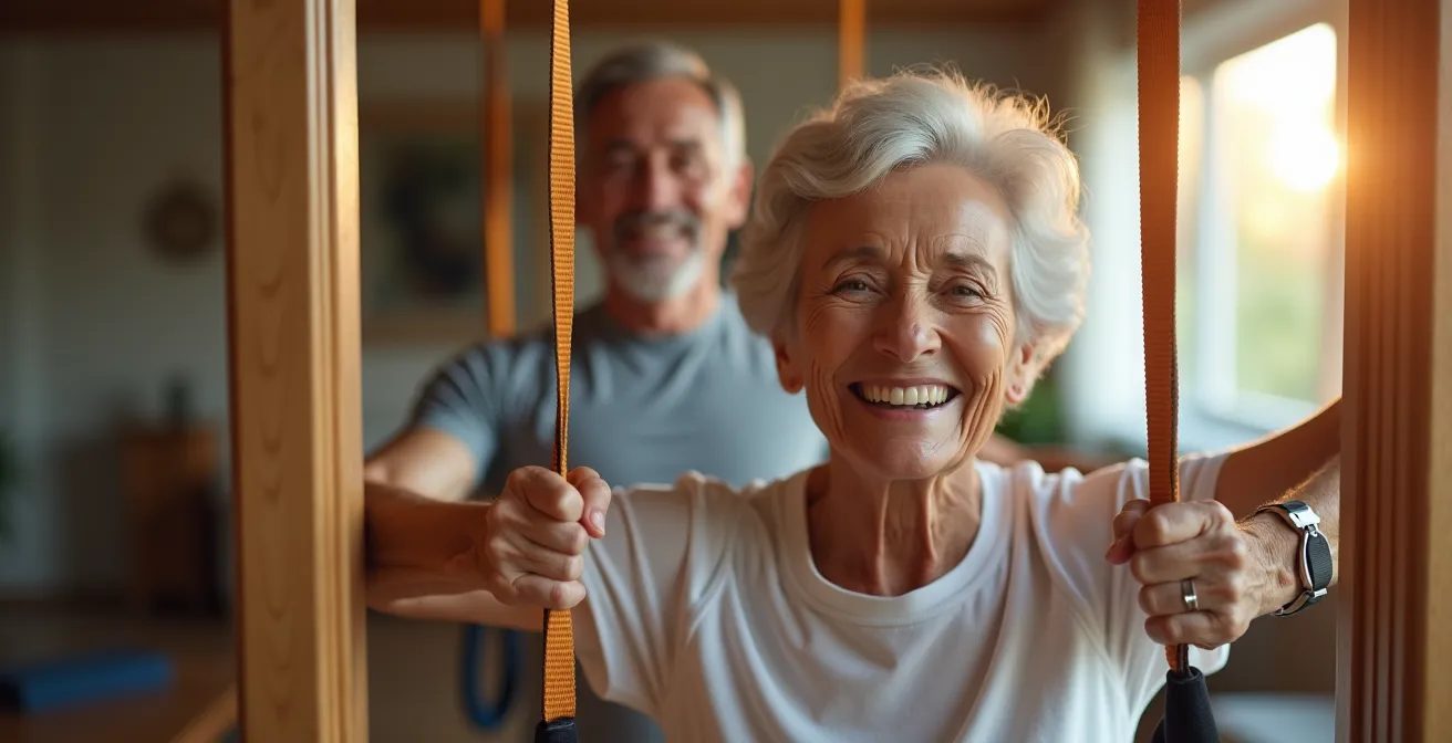 Personne âgée effectuant un exercice de renforcement musculaire avec une bande élastique dans son salon aménagé