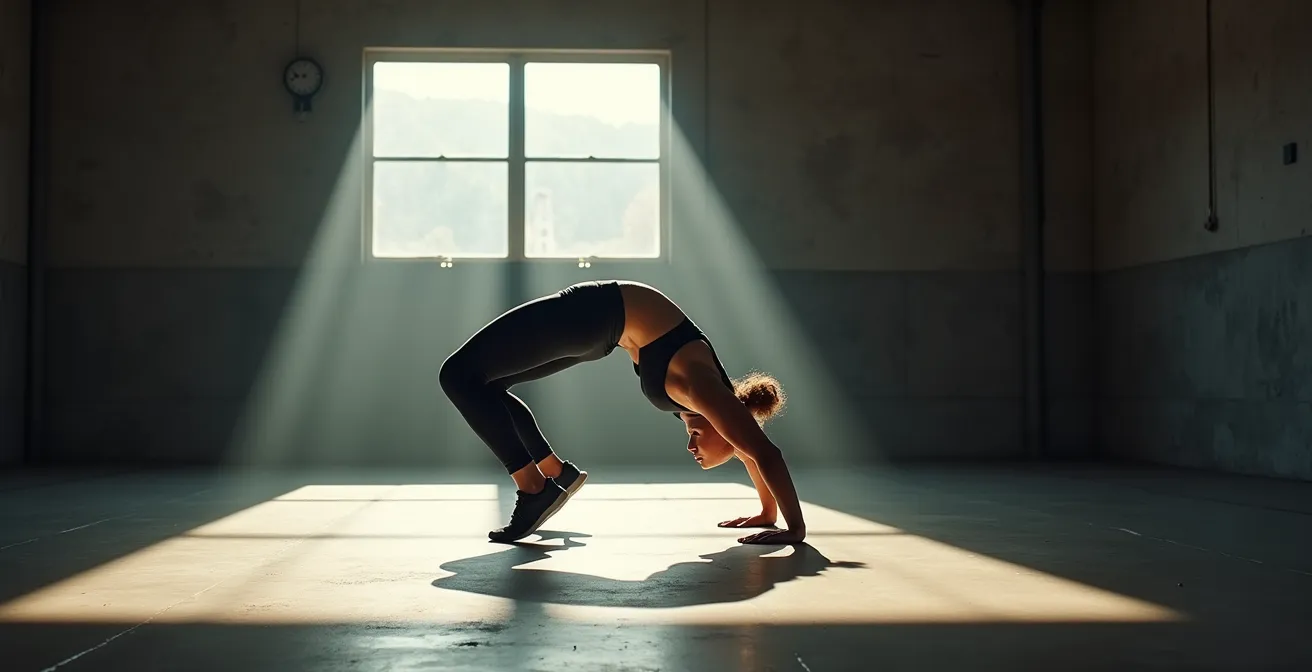 Personne effectuant des burpees explosifs dans une salle de sport minimaliste avec lumière naturelle