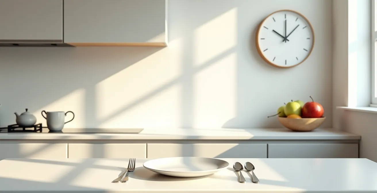 Horloge murale dans une cuisine épurée, symbolisant l'importance d'espacer les repas pour la santé digestive.