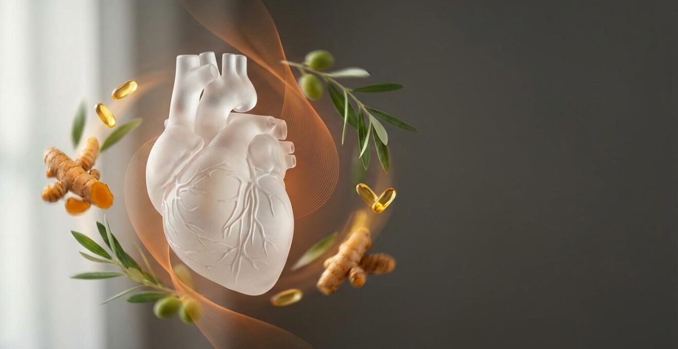 Représentation artistique du cœur humain entouré de marqueurs d'inflammation et de symboles naturels de protection