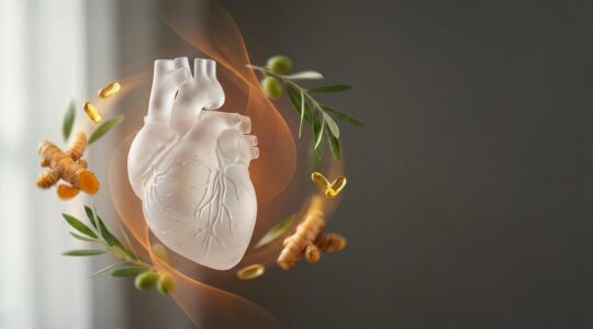 Représentation artistique du cœur humain entouré de marqueurs d'inflammation et de symboles naturels de protection