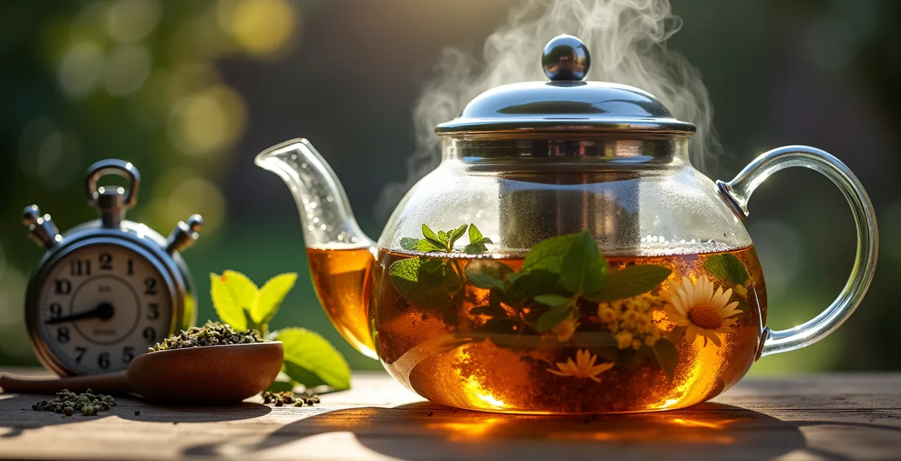 Théière en verre avec couvercle, tisane en préparation avec vapeur visible et minuteur