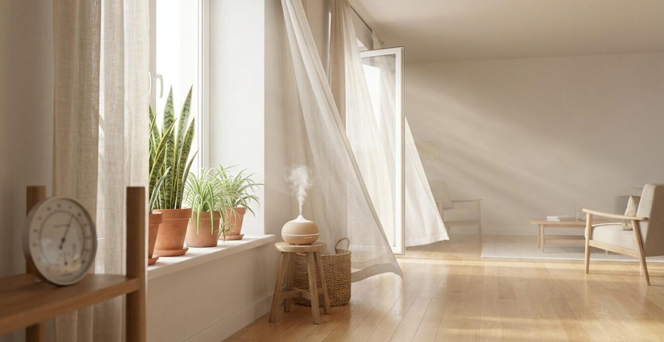 Intérieur zen avec plantes dépolluantes et diffuseur d'huiles essentielles