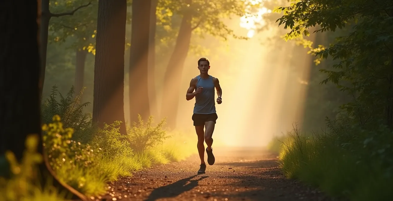 Coureur pratiquant la respiration nasale sur un sentier forestier