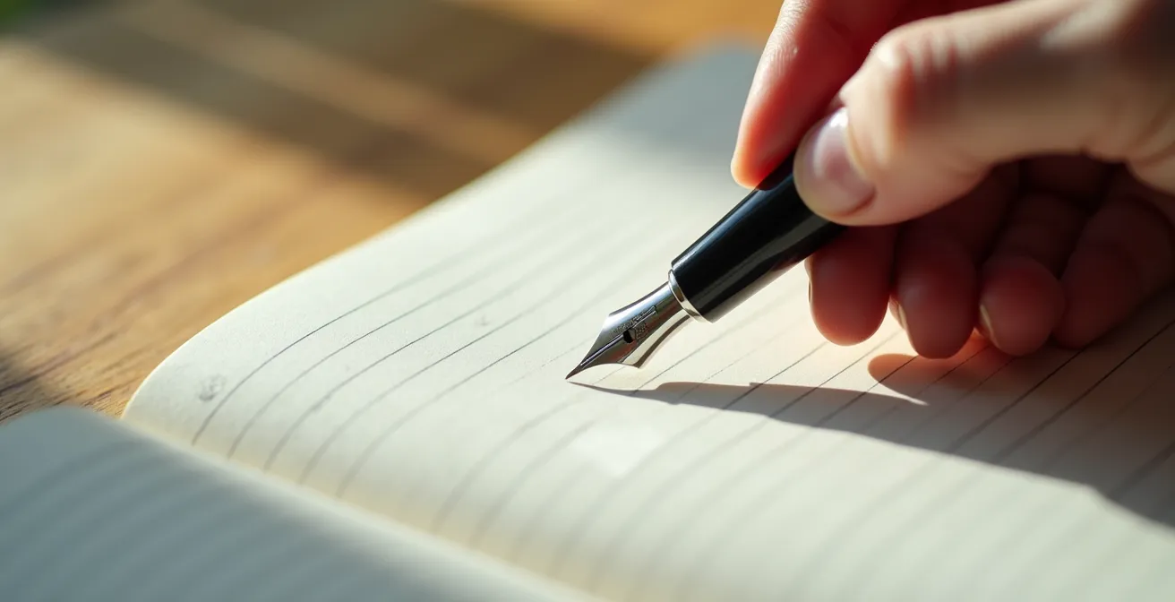 Vue macro d'une main tenant un stylo au-dessus d'un carnet ouvert avec lumière naturelle douce