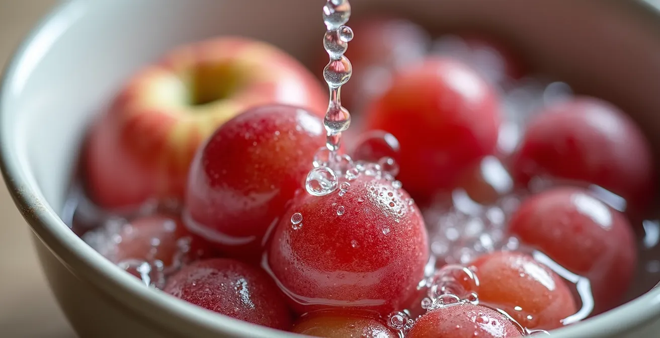 Vue macro de bulles de bicarbonate sur la surface d'une pomme lors du lavage