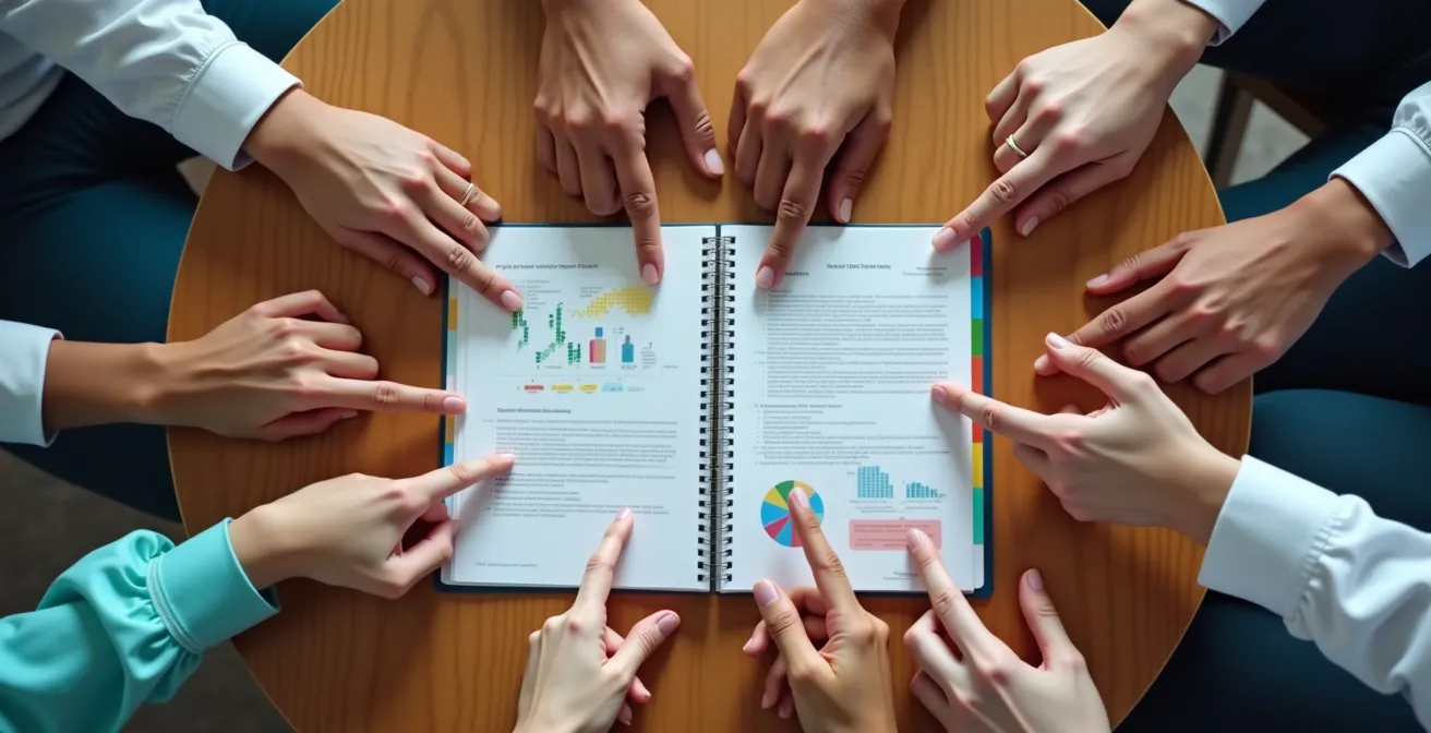 Plusieurs mains de thérapeutes pointant vers un journal de santé ouvert symbolisant la coordination des soins