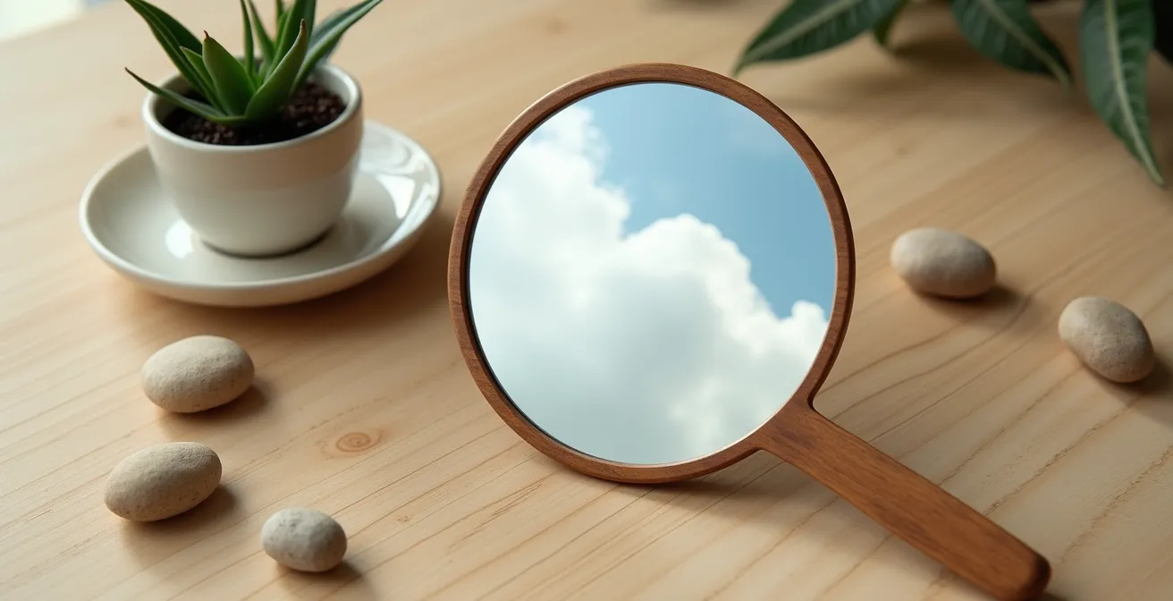 Composition artistique montrant un miroir reflétant une scène différente de la réalité environnante