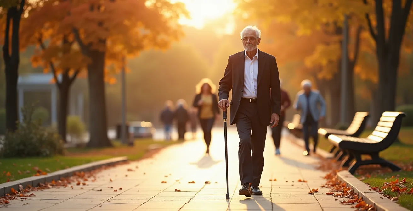 Senior élégant utilisant une canne design moderne dans un environnement urbain