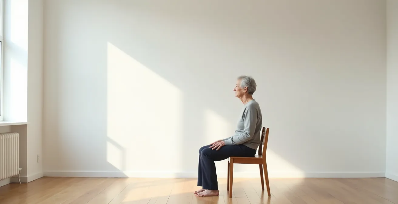 Personne âgée pratiquant un mouvement de Pilates sur chaise avec focus sur l'alignement de la colonne vertébrale
