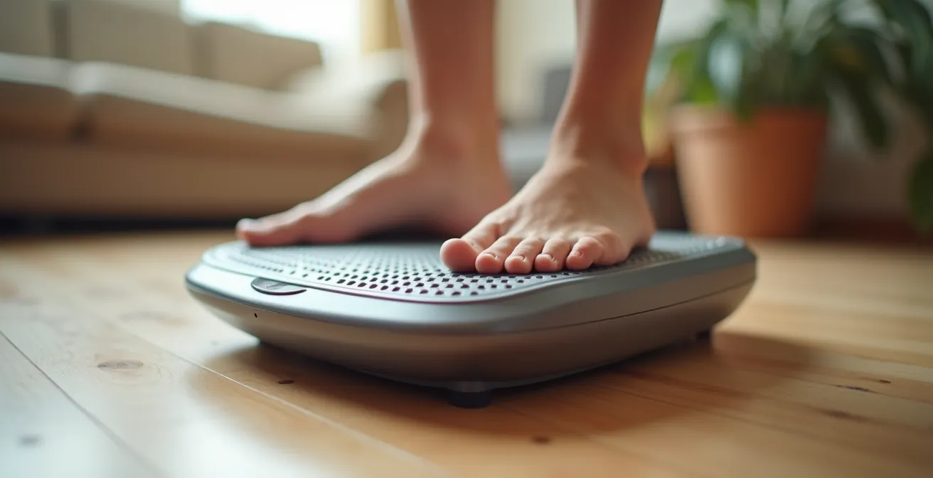 Gros plan sur des pieds nus sur une plateforme vibrante design parfaitement intégrée dans un salon moderne