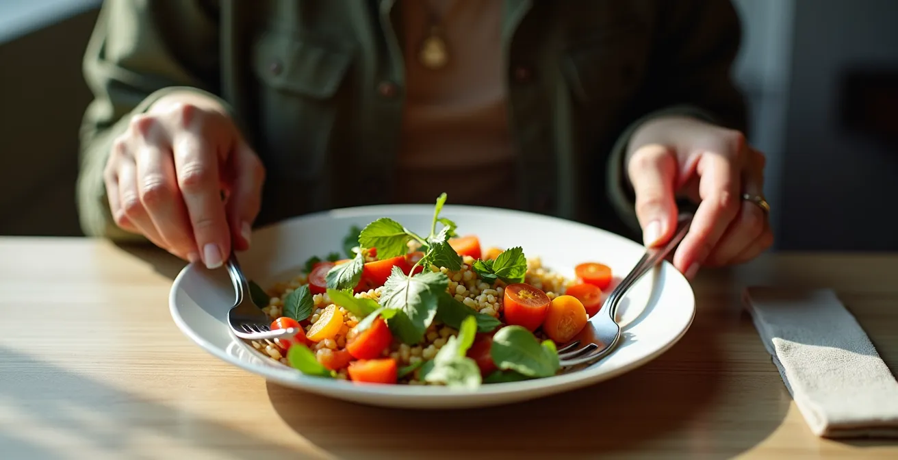 Vue plongeante sur une assiette colorée avec légumes variés, fourchette posée à côté suggérant une pause entre les bouchées