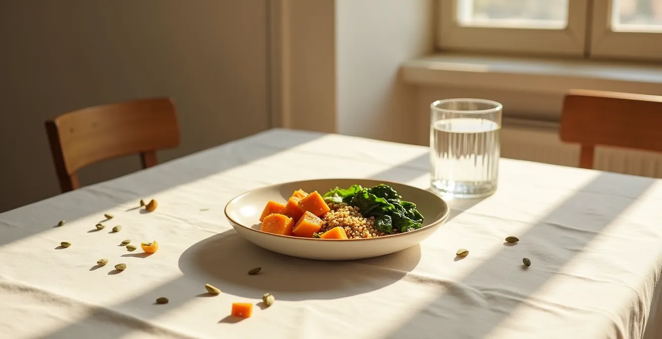 Repas équilibré du soir avec glucides complexes pour réguler le cortisol