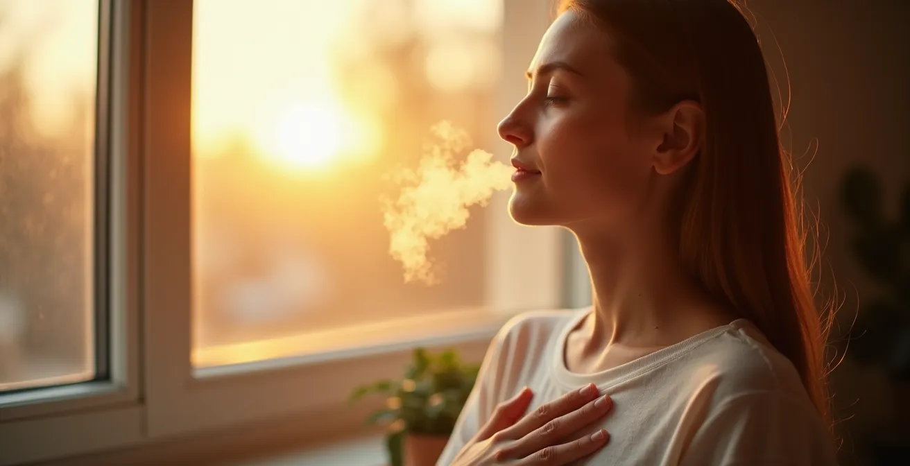 Vue de profil d'une personne pratiquant la respiration nasale profonde avec visualisation du flux d'oxygène