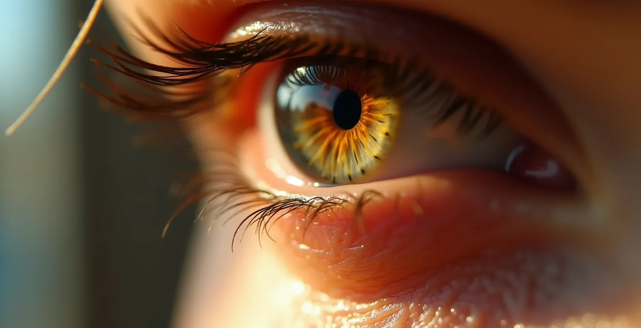 Macro détaillée d'un œil fatigué avec des détails de texture de peau
