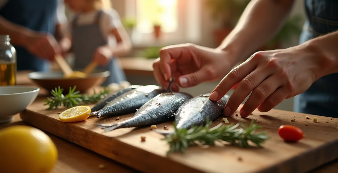 Préparation familiale de poissons riches en oméga-3 avec méthode de cuisson douce