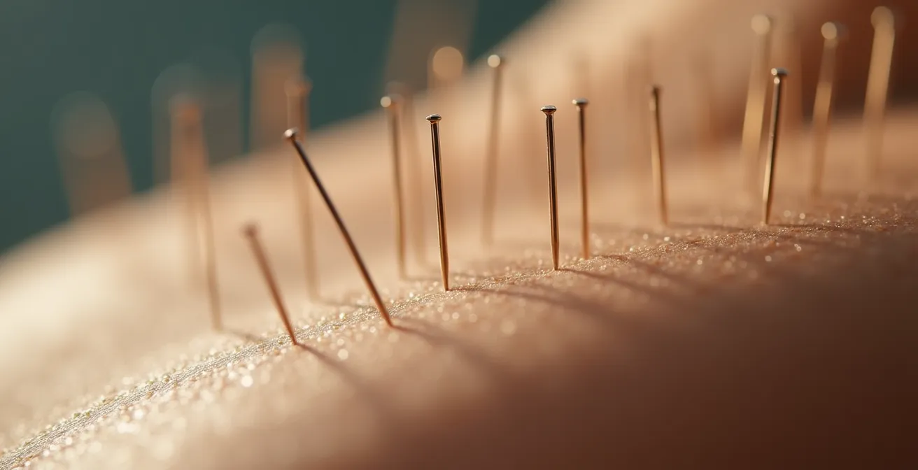 Séance d'acupuncture en milieu médical spécialisé montrant le positionnement précis des aiguilles