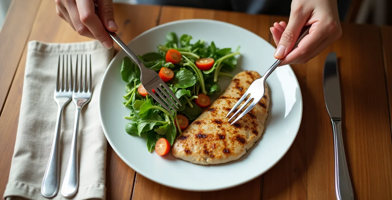 Vue aérienne d'une assiette divisée montrant l'ordre optimal de consommation des aliments