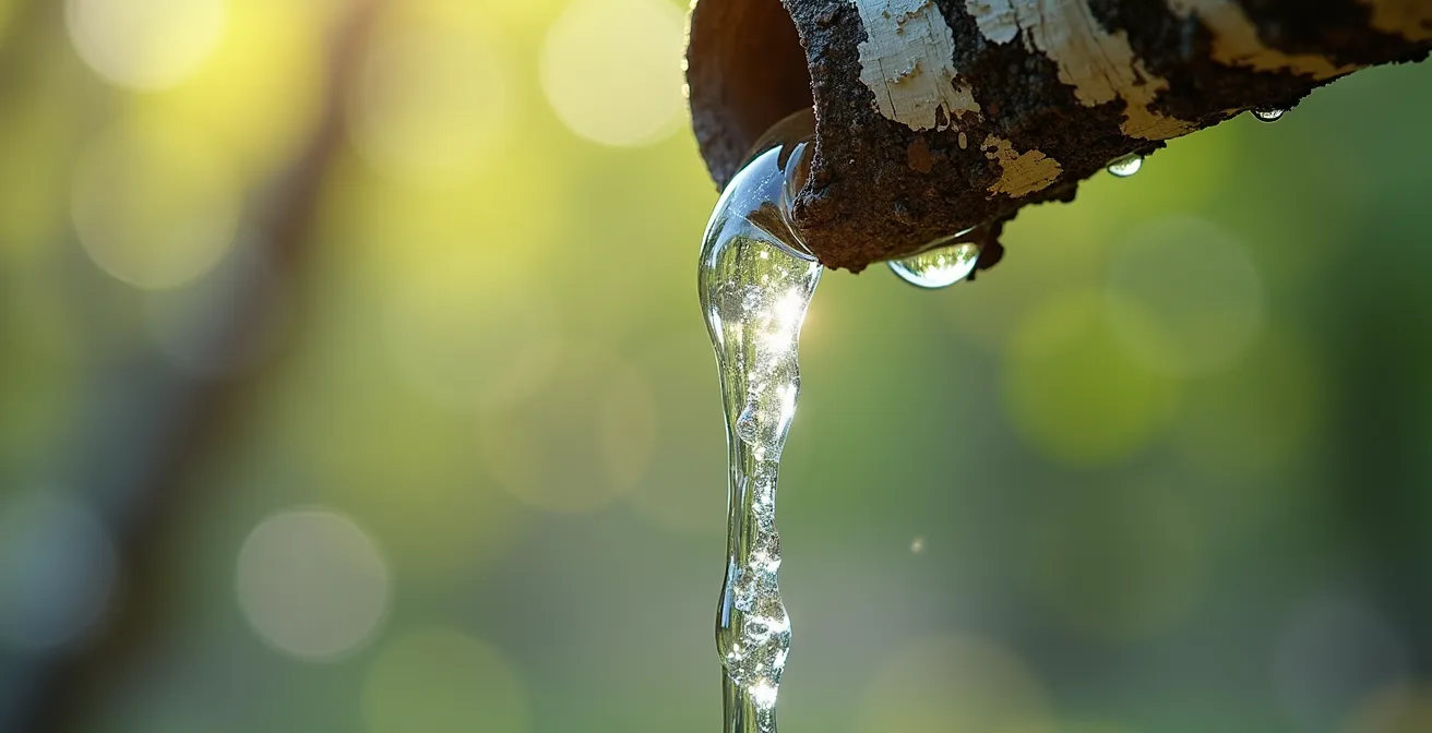 Récolte artisanale de sève de bouleau dans une forêt au printemps