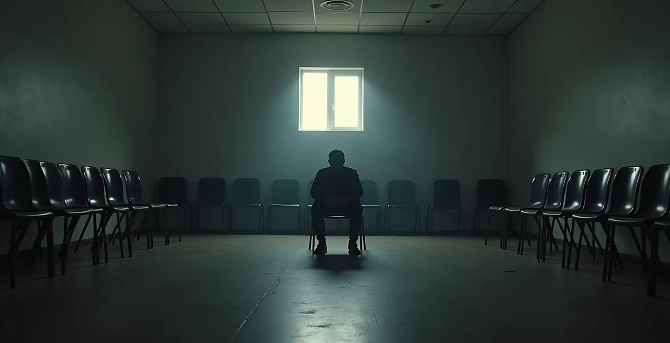 Personne seule dans un espace sombre avec des ombres suggérant l'isolement et l'emprise