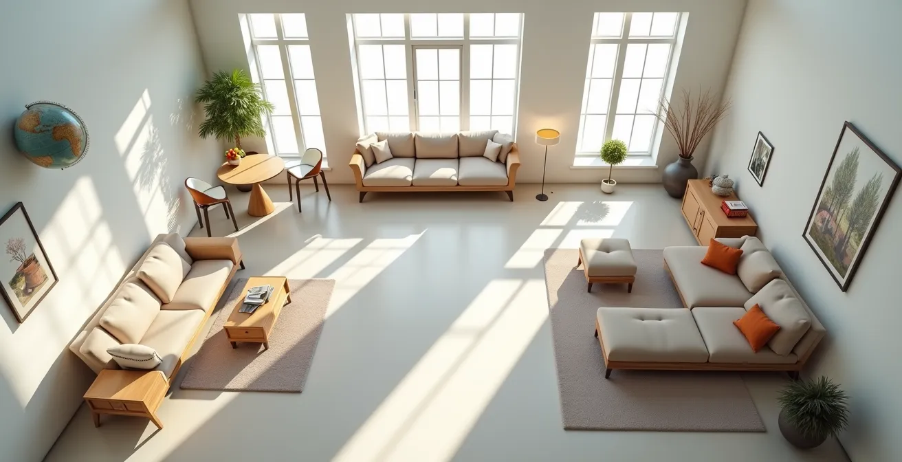Vue aérienne d'un intérieur de maison avec des objets symboliques dans chaque pièce représentant différents concepts