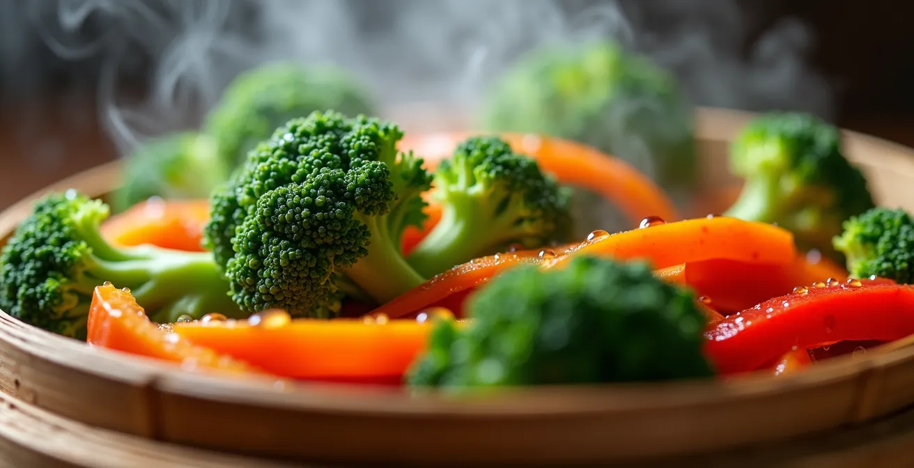 Légumes colorés préparés selon différentes techniques de cuisson préservant les nutriments