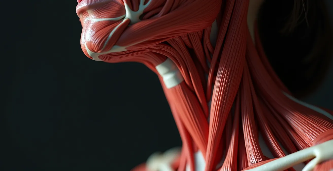 Vue macro de la zone mâchoire-cou montrant les connexions musculaires sous tension