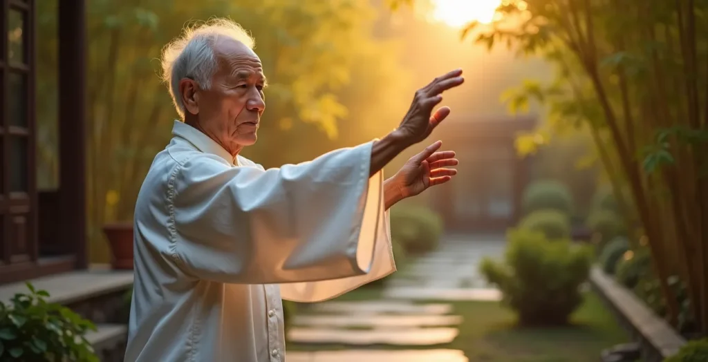 Personne âgée pratiquant le Tai Chi avec des mouvements fluides dans un jardin zen matinal Personne âgée pratiquant le Tai Chi avec des mouvements fluides dans un jardin zen matinal